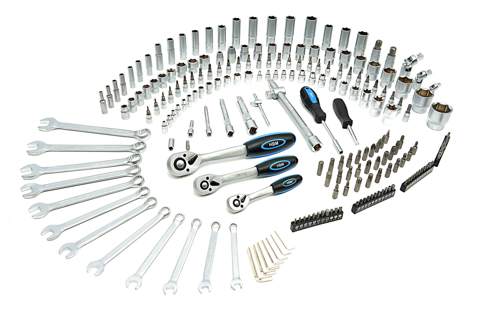 TRUSA DE SCULE PROFESIONALA CU TUBULARE SI CLICHETI 1/2 3/8 1/4 216 PIESE HBM OLANDA