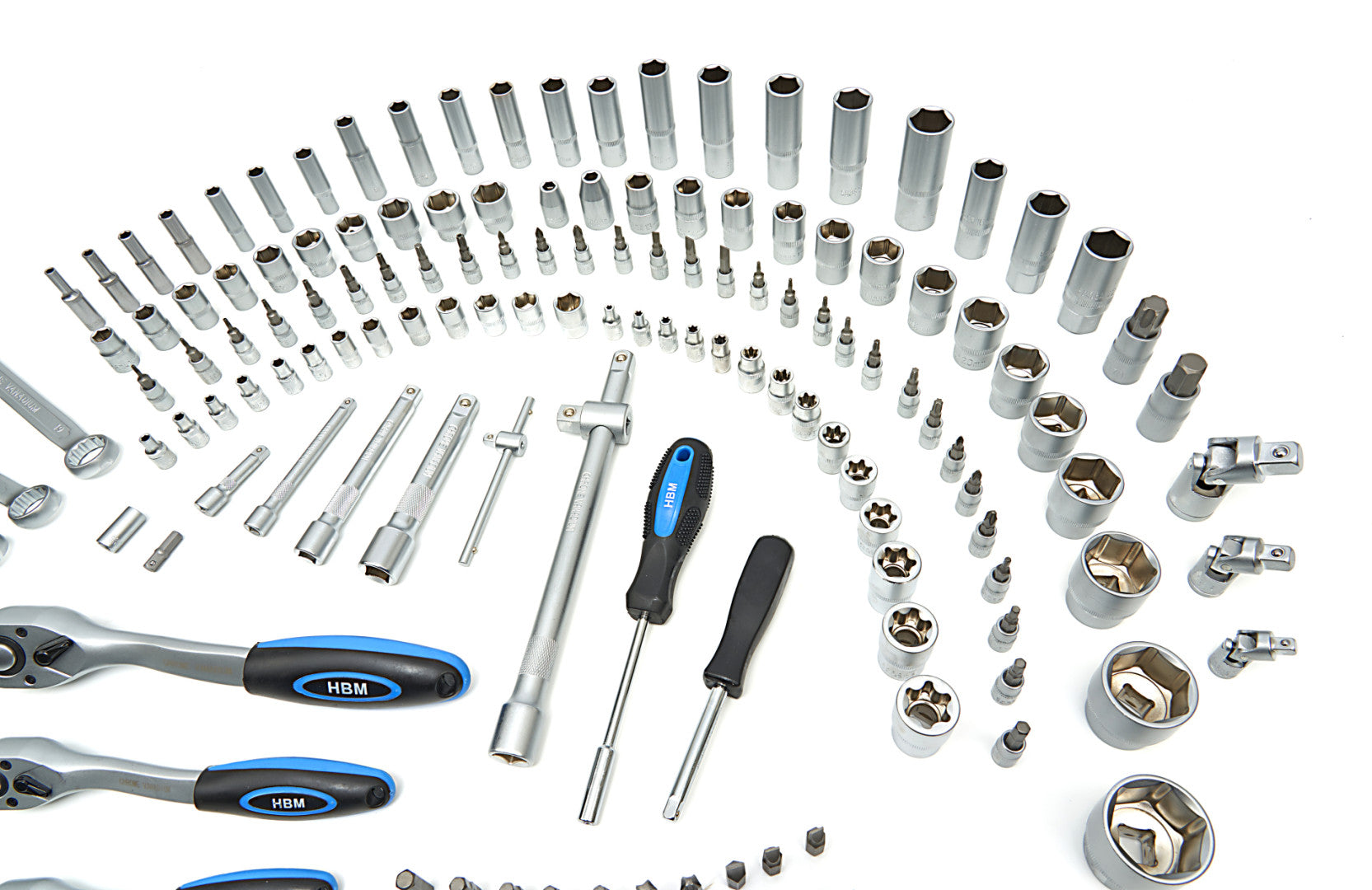 TRUSA DE SCULE PROFESIONALA CU TUBULARE SI CLICHETI 1/2 3/8 1/4 216 PIESE HBM OLANDA