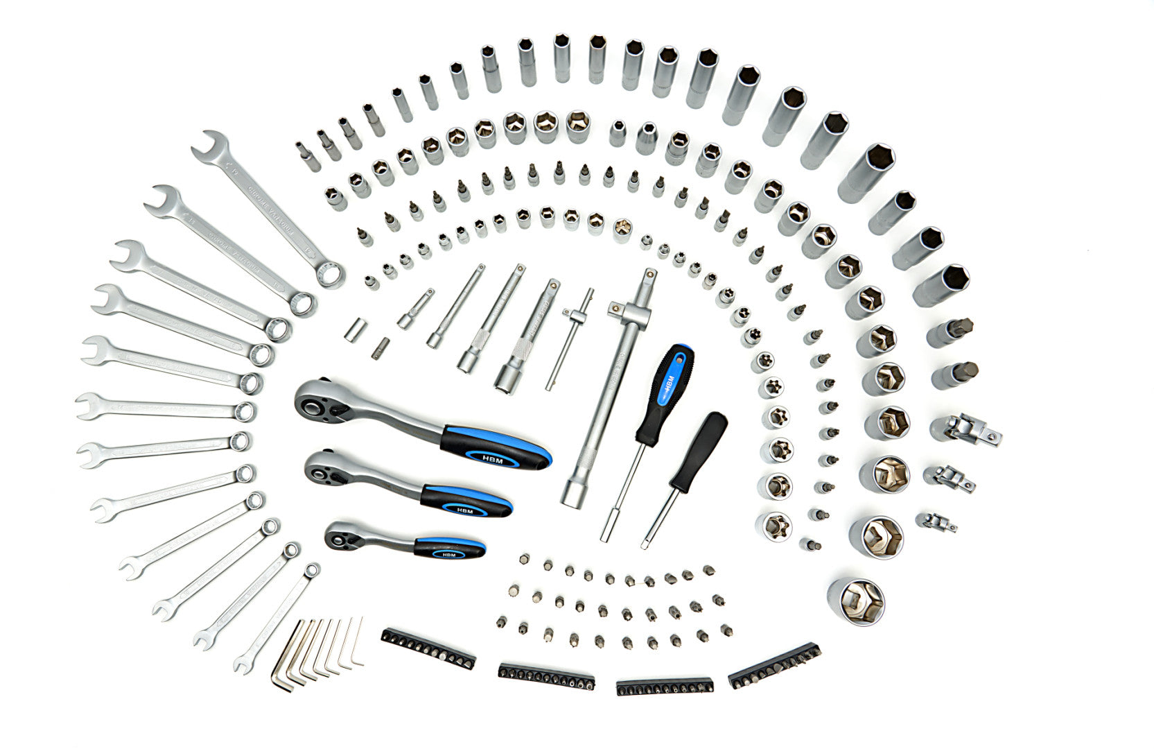 TRUSA DE SCULE PROFESIONALA CU TUBULARE SI CLICHETI 1/2 3/8 1/4 216 PIESE HBM OLANDA