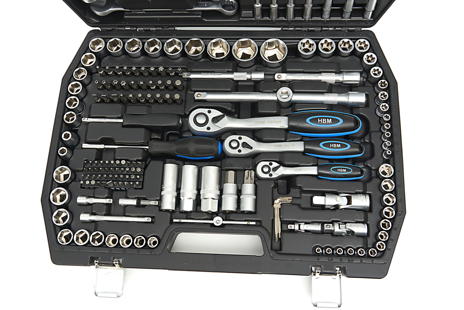 TRUSA DE SCULE PROFESIONALA CU TUBULARE SI CLICHETI 1/2 3/8 1/4 216 PIESE HBM OLANDA