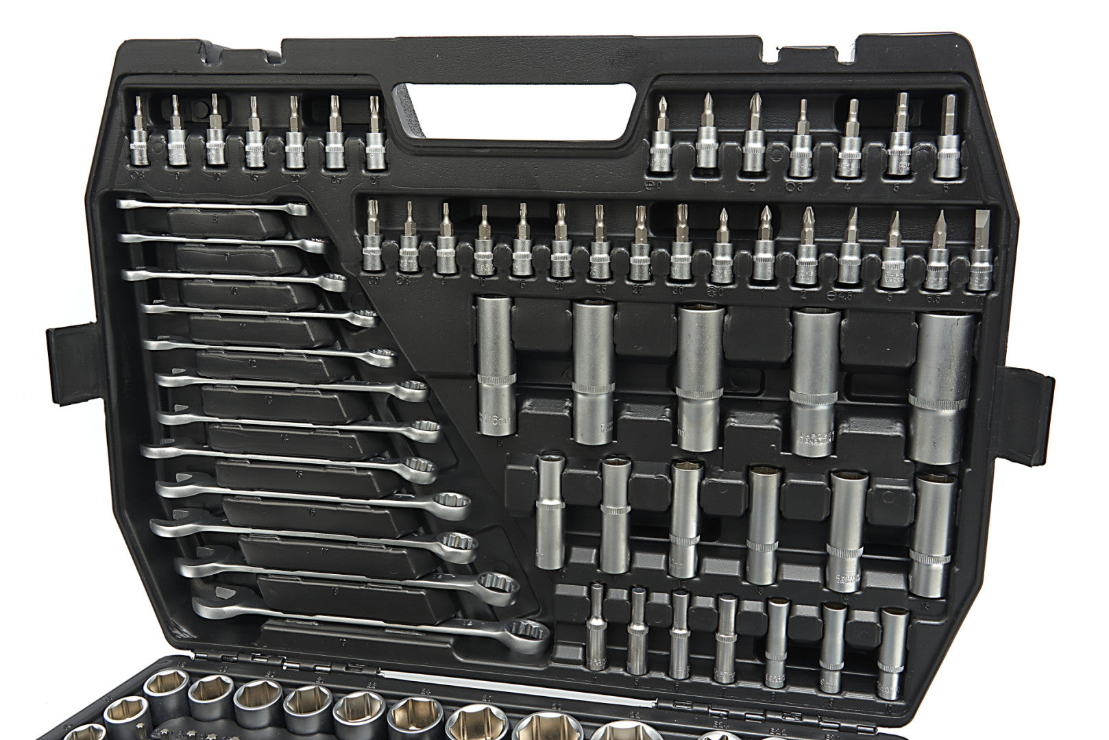 TRUSA DE SCULE PROFESIONALA CU TUBULARE SI CLICHETI 1/2 3/8 1/4 216 PIESE HBM OLANDA