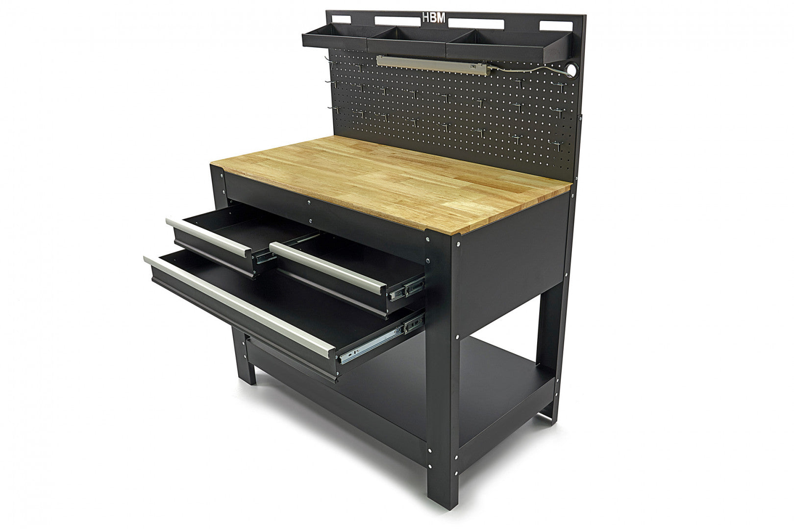 BANC DE LUCRU METALIC PROFESIONAL 3 SERTARE, BLAT LEMN MASIV, PANOU ILUMINAT LED, PRIZE 230V, PORT USB , LUNGIME 115 CM