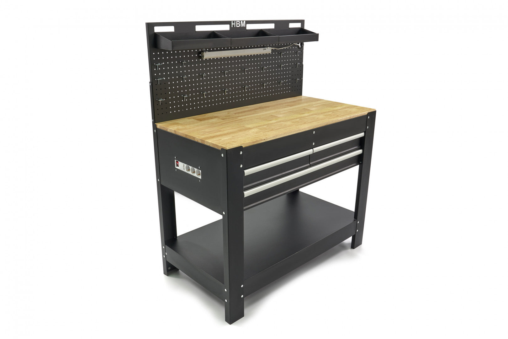 BANC DE LUCRU METALIC PROFESIONAL 3 SERTARE, BLAT LEMN MASIV, PANOU ILUMINAT LED, PRIZE 230V, PORT USB , LUNGIME 115 CM