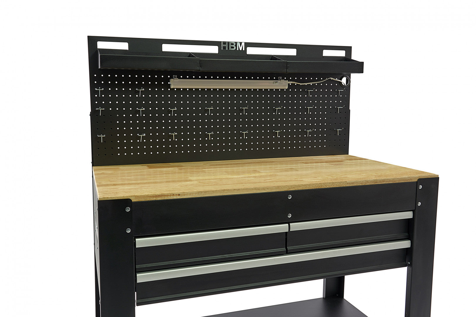 BANC DE LUCRU METALIC PROFESIONAL 3 SERTARE, BLAT LEMN MASIV, PANOU ILUMINAT LED, PRIZE 230V, PORT USB , LUNGIME 115 CM