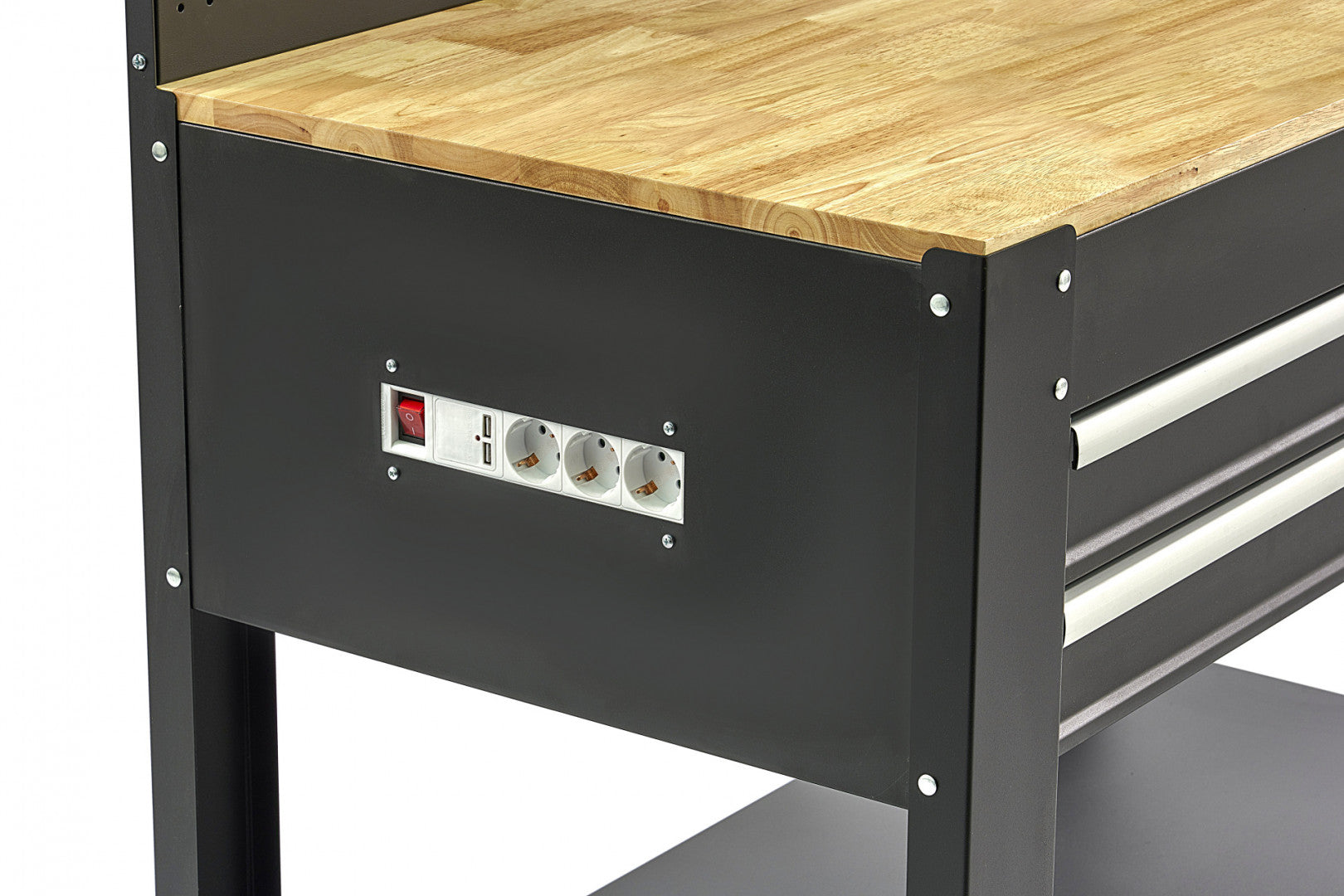 BANC DE LUCRU METALIC PROFESIONAL 3 SERTARE, BLAT LEMN MASIV, PANOU ILUMINAT LED, PRIZE 230V, PORT USB , LUNGIME 115 CM