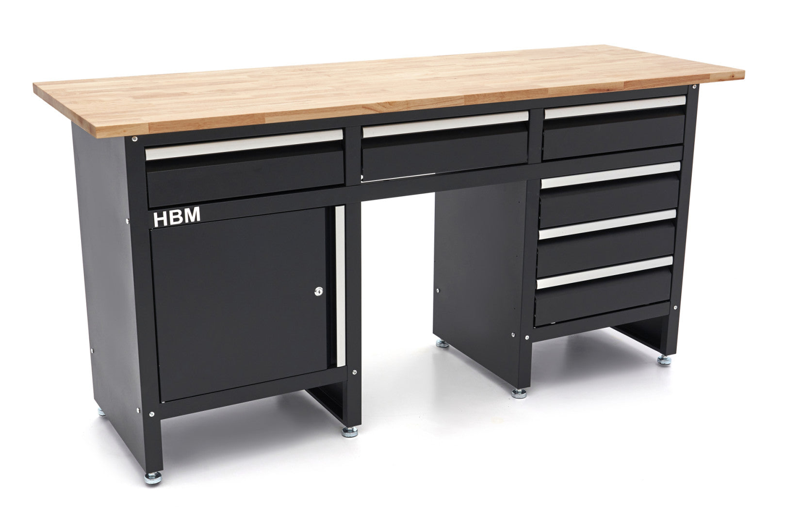 BANC DE LUCRU NEGRU CU 6 SERTARE, 1 USA SI BLAT DIN LEMN MASIV – 171 CM, HBM MACHINES, PREMIUM, OLANDA