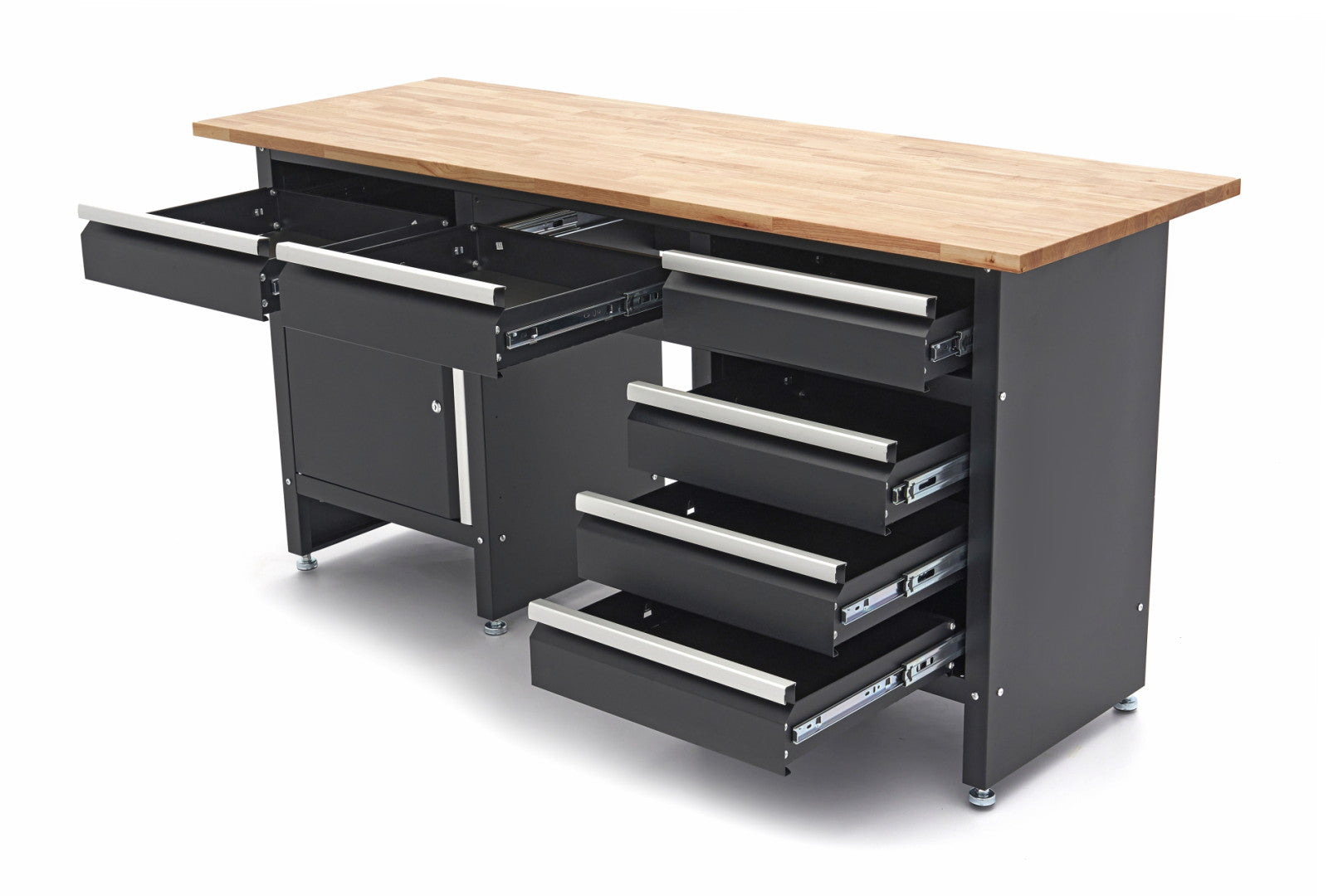 BANC DE LUCRU NEGRU CU 6 SERTARE, 1 USA SI BLAT DIN LEMN MASIV – 171 CM, HBM MACHINES, PREMIUM, OLANDA