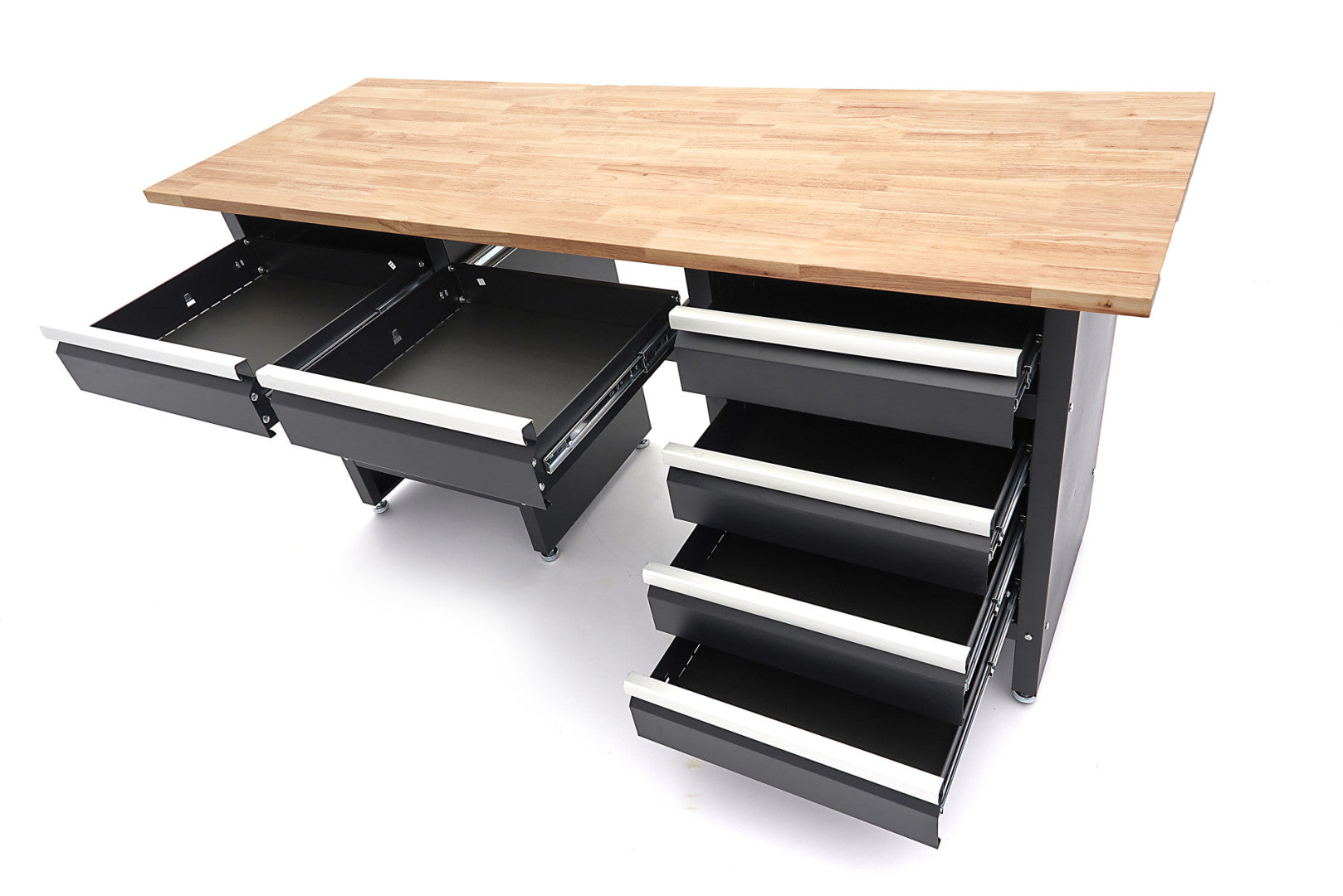 BANC DE LUCRU NEGRU CU 6 SERTARE, 1 USA SI BLAT DIN LEMN MASIV – 171 CM, HBM MACHINES, PREMIUM, OLANDA