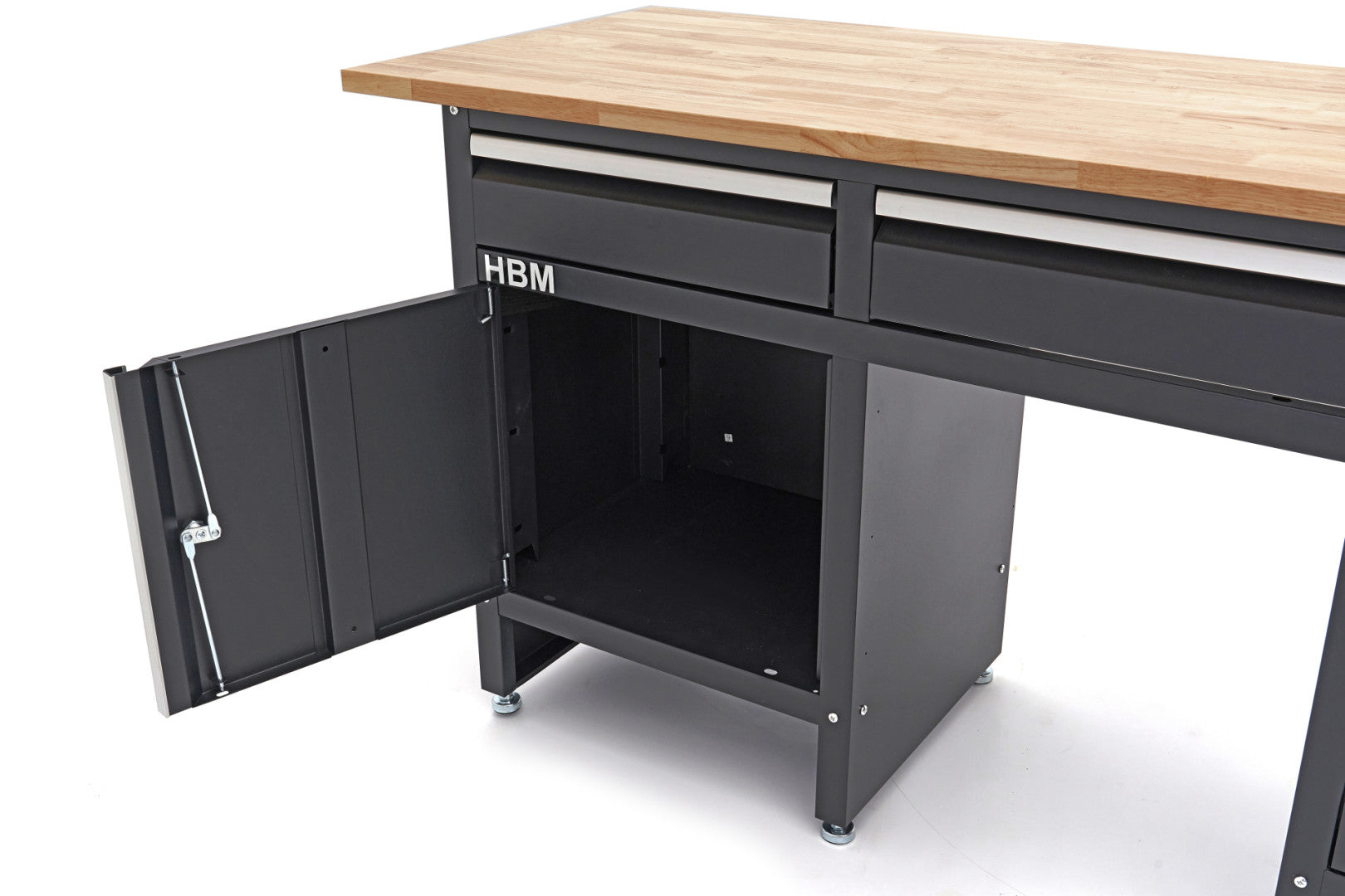 BANC DE LUCRU NEGRU CU 6 SERTARE, 1 USA SI BLAT DIN LEMN MASIV – 171 CM, HBM MACHINES, PREMIUM, OLANDA