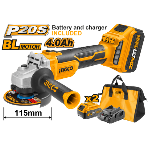 POLIZOR FLEX UNGHIULAR CU MOTOR FARA PERII 115MM CU INCARCATOR SI 2 ACUMULATORI 4AH 20V INGCO