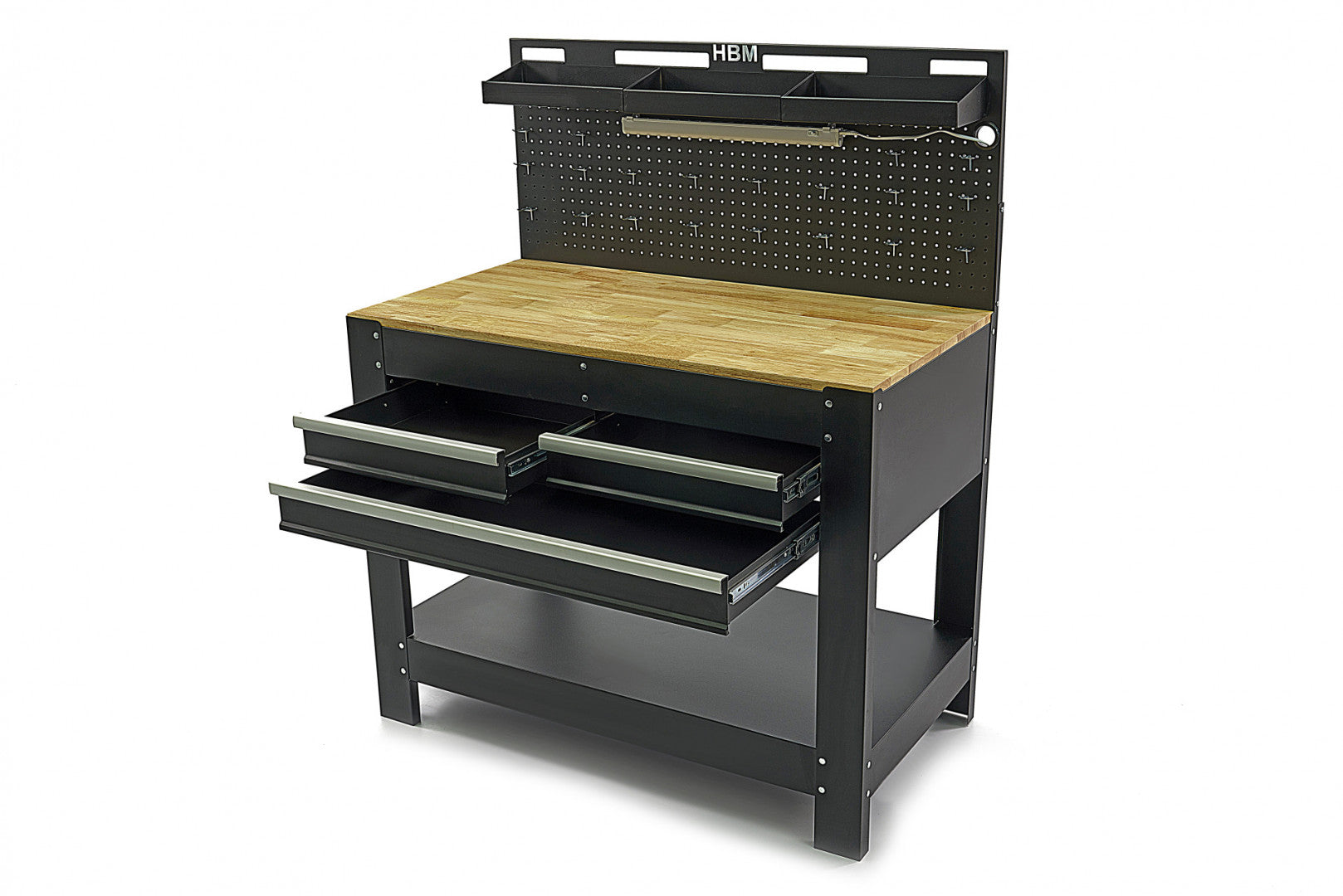 Banc de lucru metalic profesional 3 sertare, blat lemn masiv, panou iluminat LED, prize 230V, port USB , lungime 115 cm