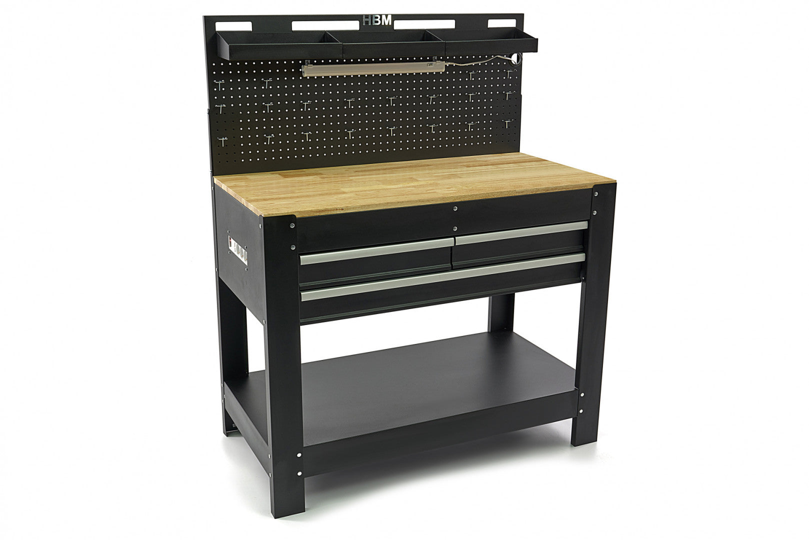 Banc de lucru metalic profesional 3 sertare, blat lemn masiv, panou iluminat LED, prize 230V, port USB , lungime 115 cm