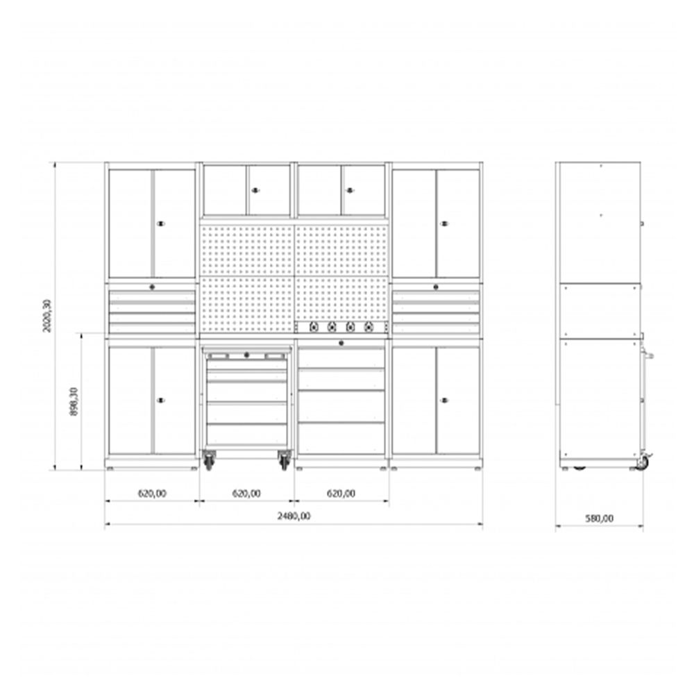 BANC DE LUCRU - SET MOBILIER METALIC MODULAR PENTRU ATELIER 2.48M MODEL F