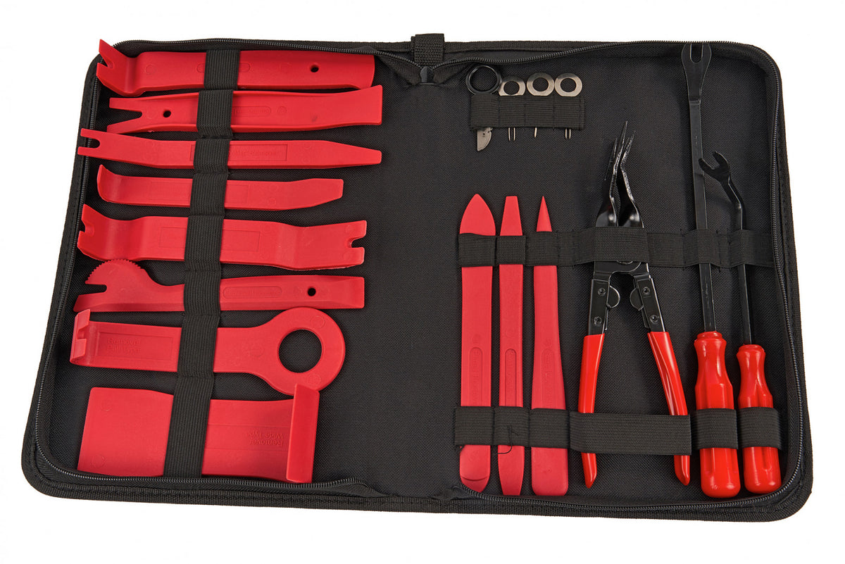 Set extractoare demontare interior auto 19 piese cu geanta – pentru tapiterie, cleme, bord si radio
