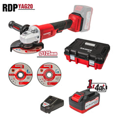 POLIZOR UNGHIULAR 125MM CU ACUMULATOR R20 4Ah 2 DISCURI DE TAIERE SI CUTIE PLASTIC RAIDER PRO