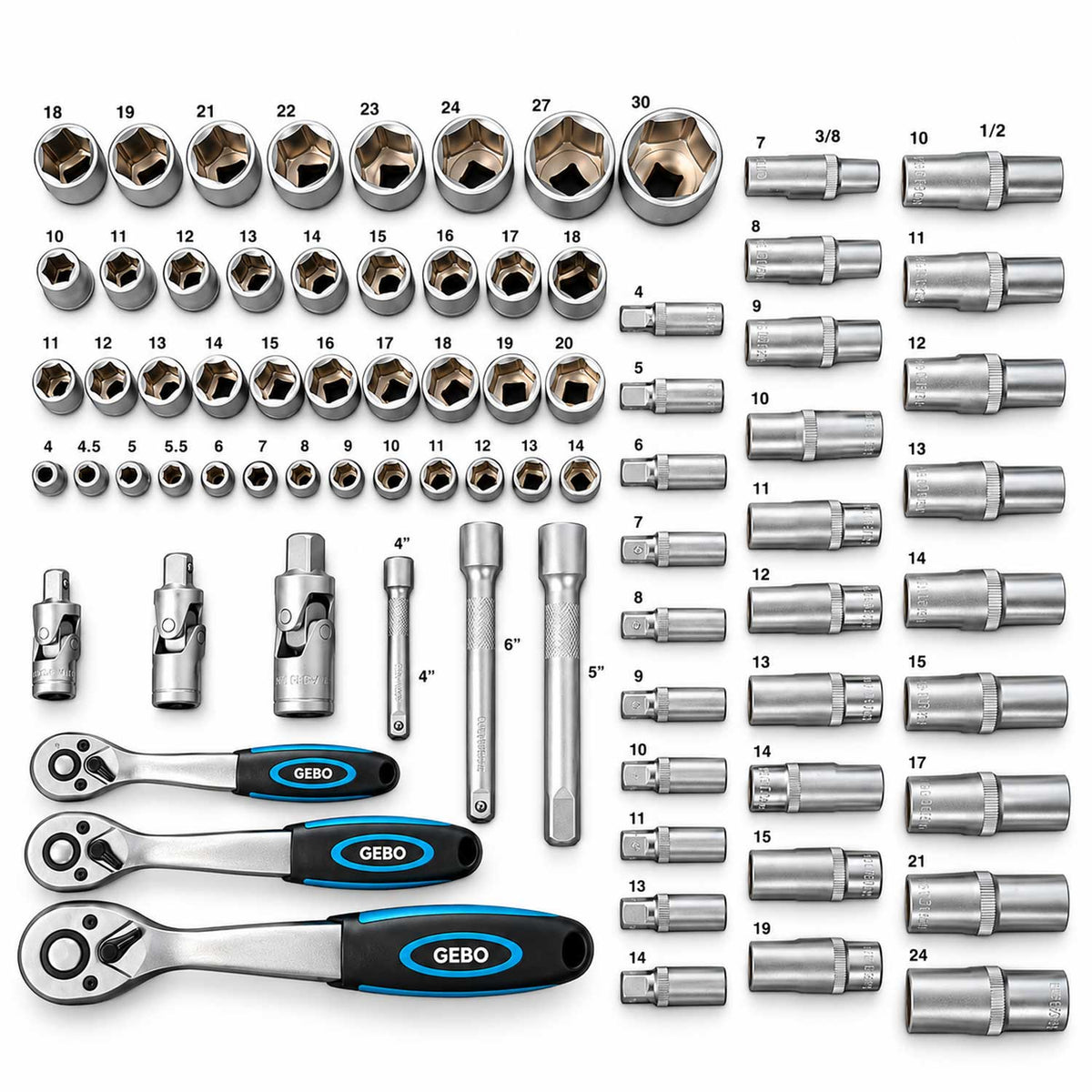 Trusa profesionala GEBO TOOLS 81 piese – modul dulap cu chei tubulare lungi si scurte, biti, prelungitoare, adaptoare si clicheti 1/2”, 3/8”, 1/4” cr-v