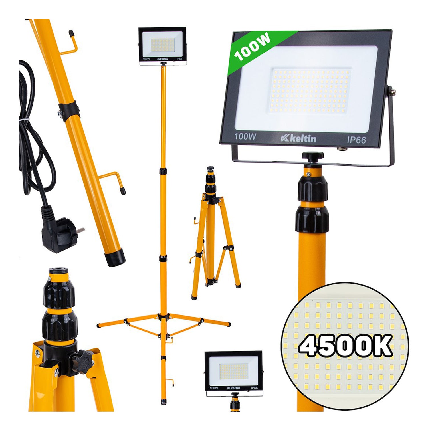 PROIECTOR, LAMPA DE LUCRU LED 100W CU STATIV REGLABIL 60-160 CM, ALB NEUTRU 4500K 10.000 lm - GEKO