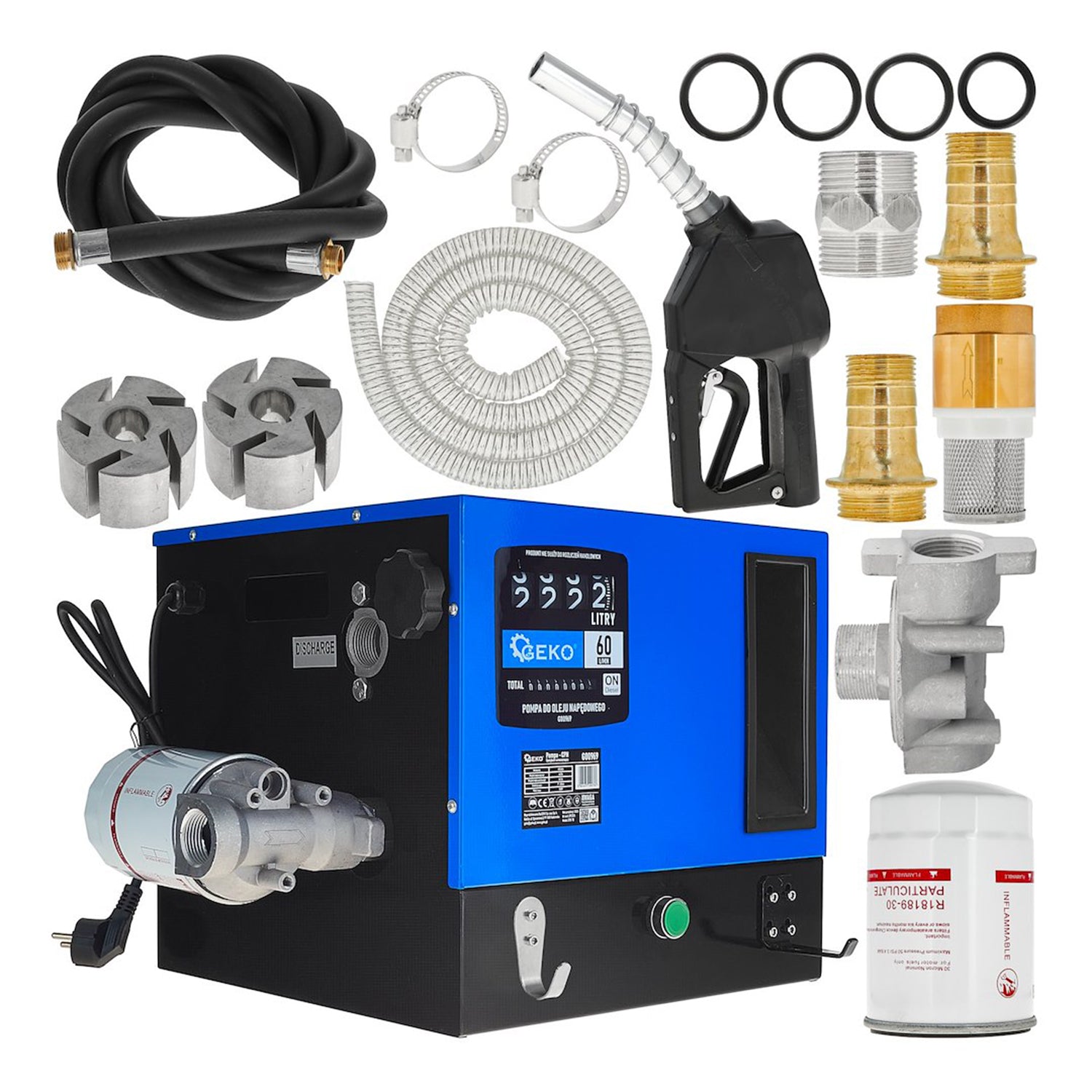 KIT POMPA AUTOAMORSANTA PENTRU TRANSFER MOTORINA CU CONTOR SI FILTRU 60L/MIN 550W GEKO