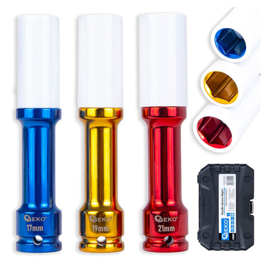 SET DE 3 CHEI TUBULARE LUNGI CU PROTECTIE PENTRU JANTE DIN ALIAJ 17-19-21MM 1/2 - GEKO