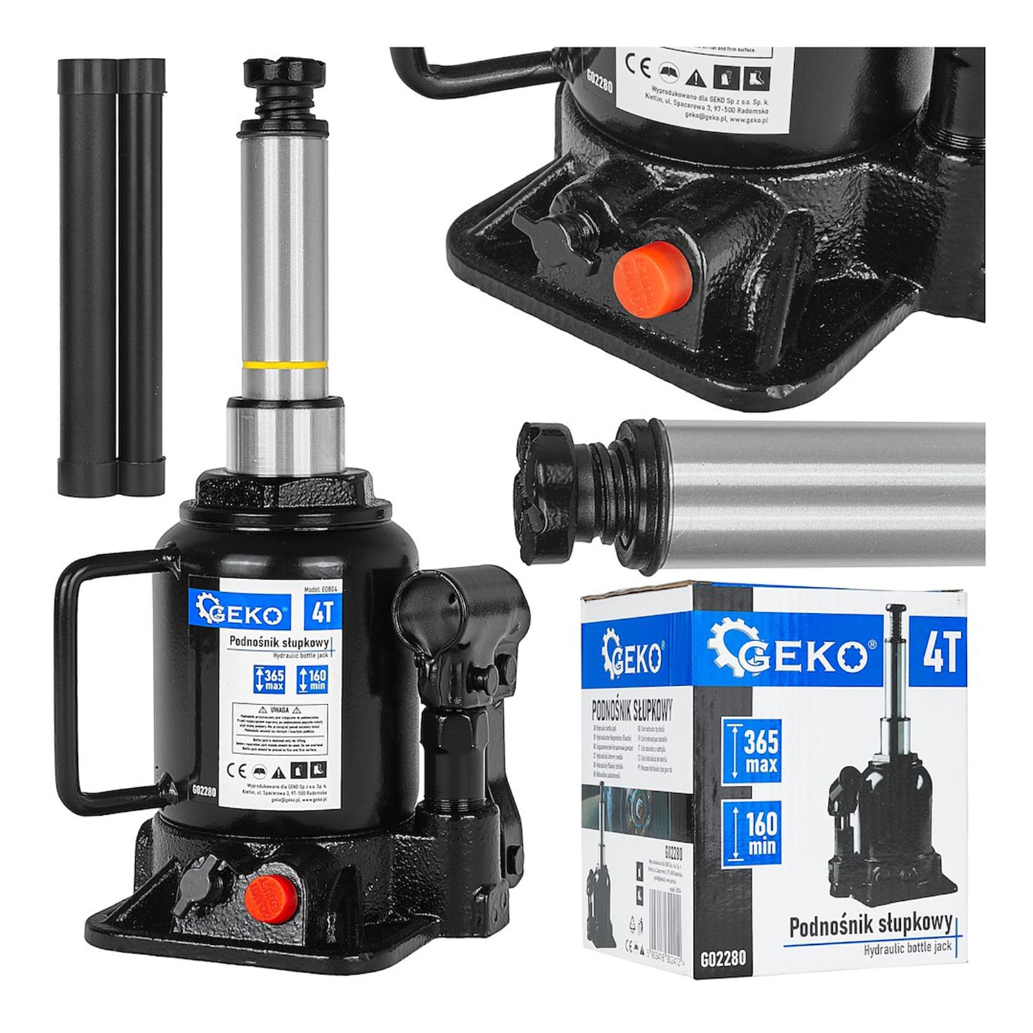 CRIC HIDRAULIC TIP BUTELIE 4T CU PISTON DUBLU, TALIE JOASA - GEKO