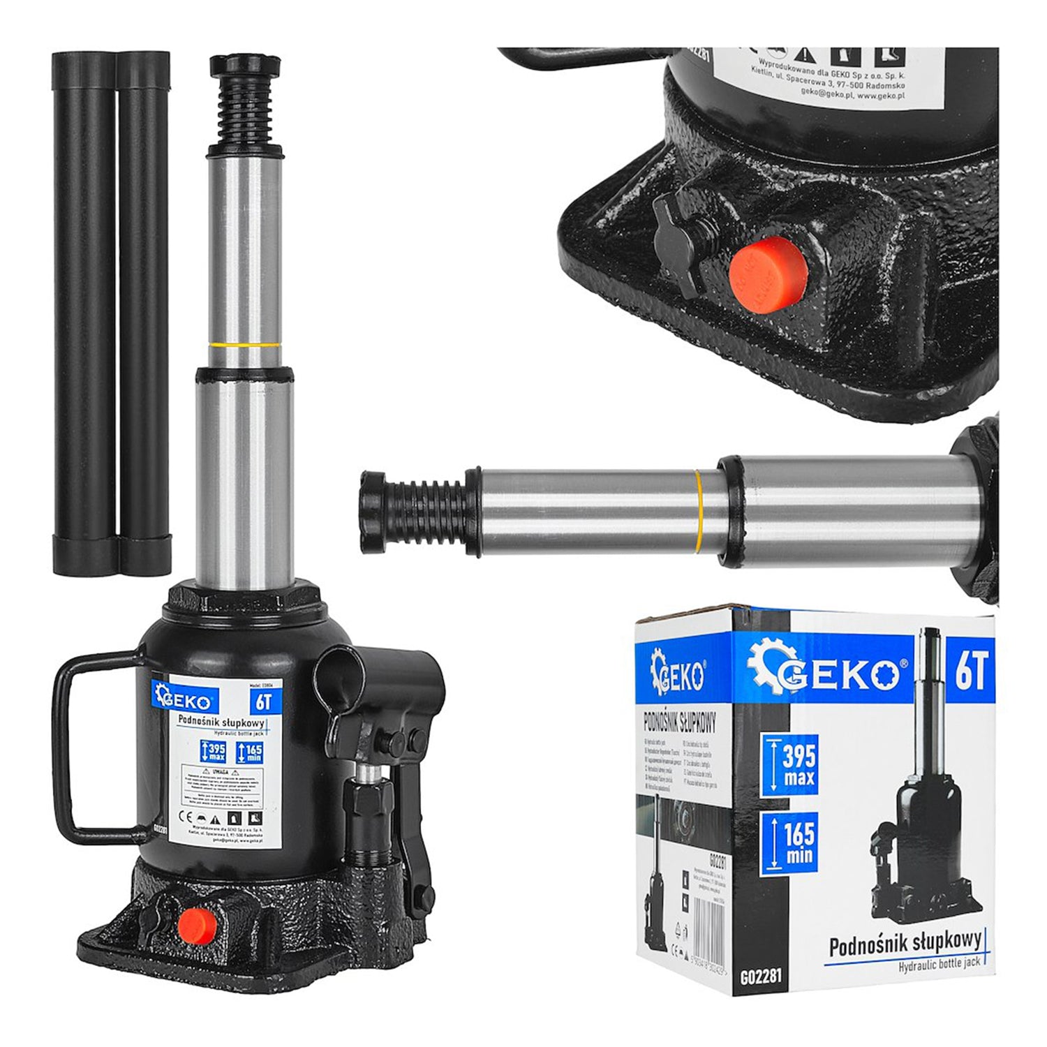 CRIC HIDRAULIC TIP BUTELIE 6T CU PISTON DUBLU, TALIE JOASA - GEKO