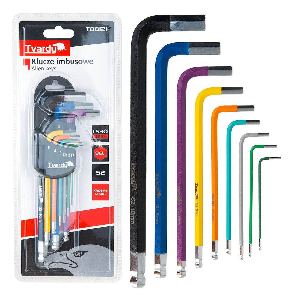Set 9 chei imbus scurte colorate tip L cu bila 1.5-10mm