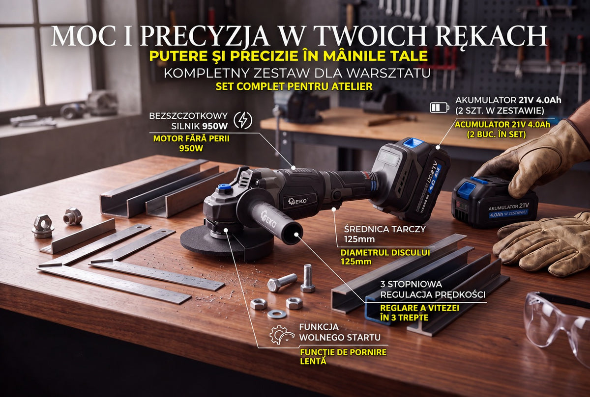 Polizor unghiular cu 2 acumulatori 125mm 950W 21V 4ah Geko
