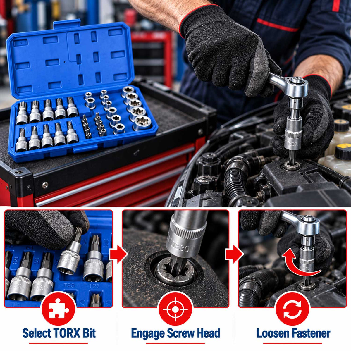 Trusa chei tubulare profil e biti TORX 3/8 34 piese t10-t60 e4-e20 GEBO TOOLS
