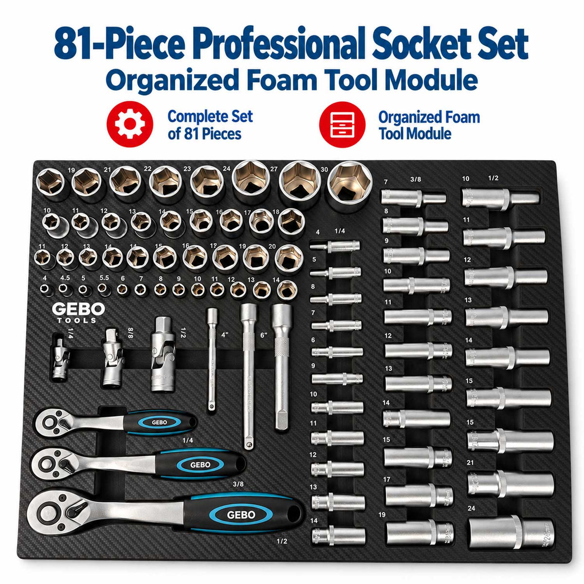 Trusa profesionala GEBO TOOLS 81 piese – modul dulap cu chei tubulare lungi si scurte, biti, prelungitoare, adaptoare si clicheti 1/2”, 3/8”, 1/4” cr-v