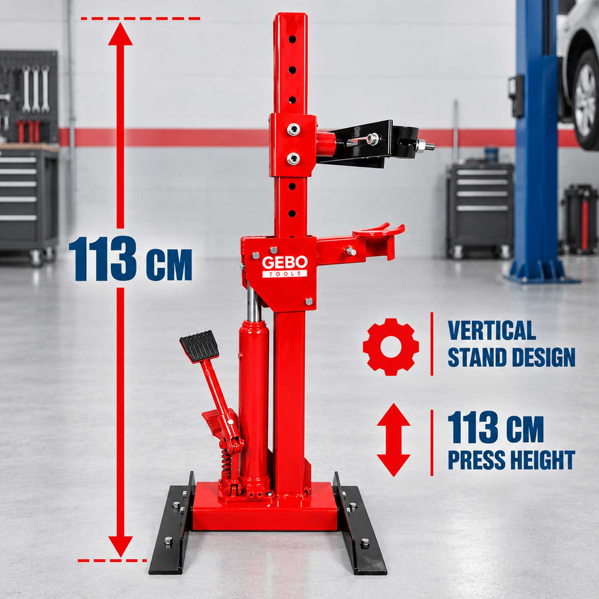 Presa arcuri hidraulica 1T tip stand pentru montare demontare arcuri amortizoare flanse telescoape GEBO TOOLS
