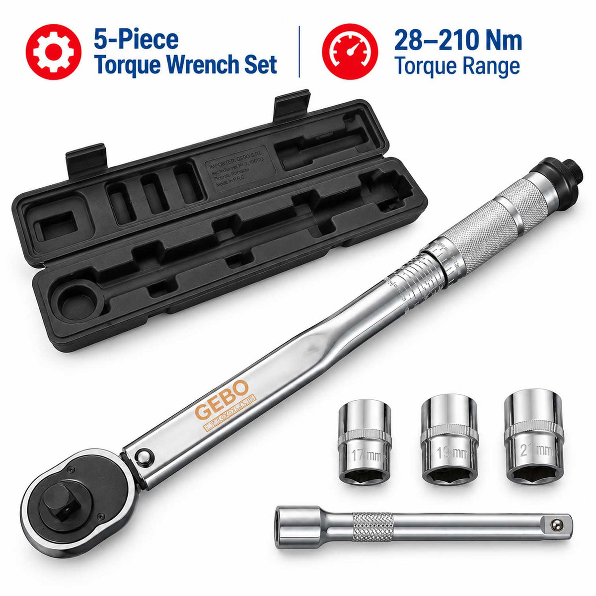 Set cheie dinamometrica 1/2 5 piese 28-210 NM tubulare 1/2 17-19-21 mm prelungitor 1/2 GEBO TOOLS