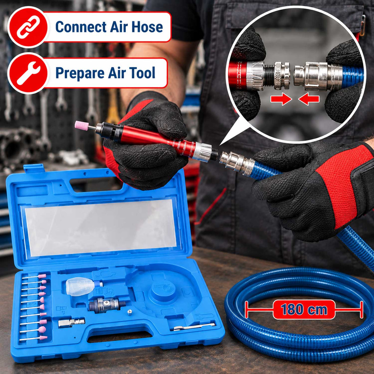 Set micro polizor pneumatic tip creion, 17 piese, viteza mare 58.000 RPM, unealta compacta si usoara pentru slefuire, curatare, taiere, lustruire si sudura GEBO TOOLS