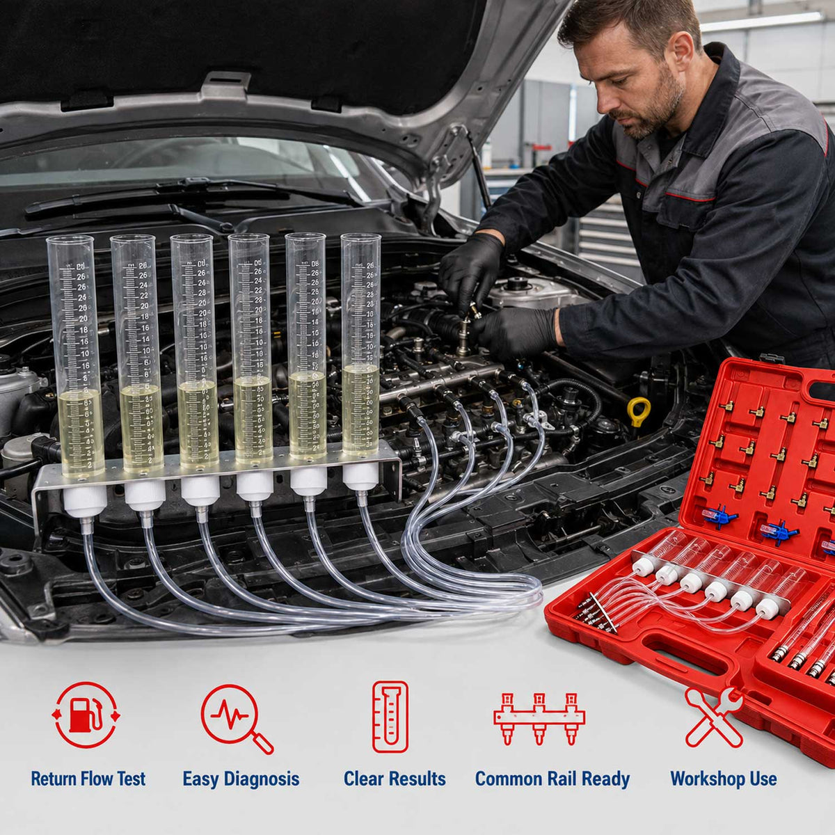 Trusa verificare pierderi retur combustibil – kit test debit injectoare diesel COMMON RAIL, adaptor motoare pana la 6 cilindri GEBO TOOLS