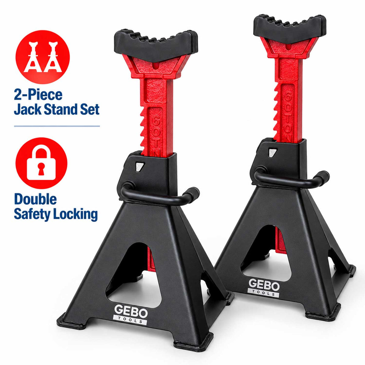 Set 2 capre 6t 39-60cm sustinere auto cu siguranta blocare dubla si tampon de cauciuc pentru protectie prag auto GEBO TOOLS