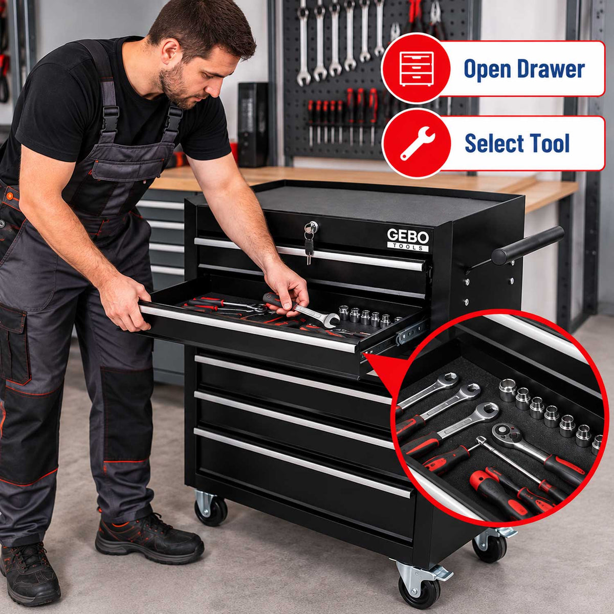 Dulap metalic neechipat pentru scule, cu 7 sertare, negru, cu roti 78 x 62 x 33 cm GEBO TOOLS