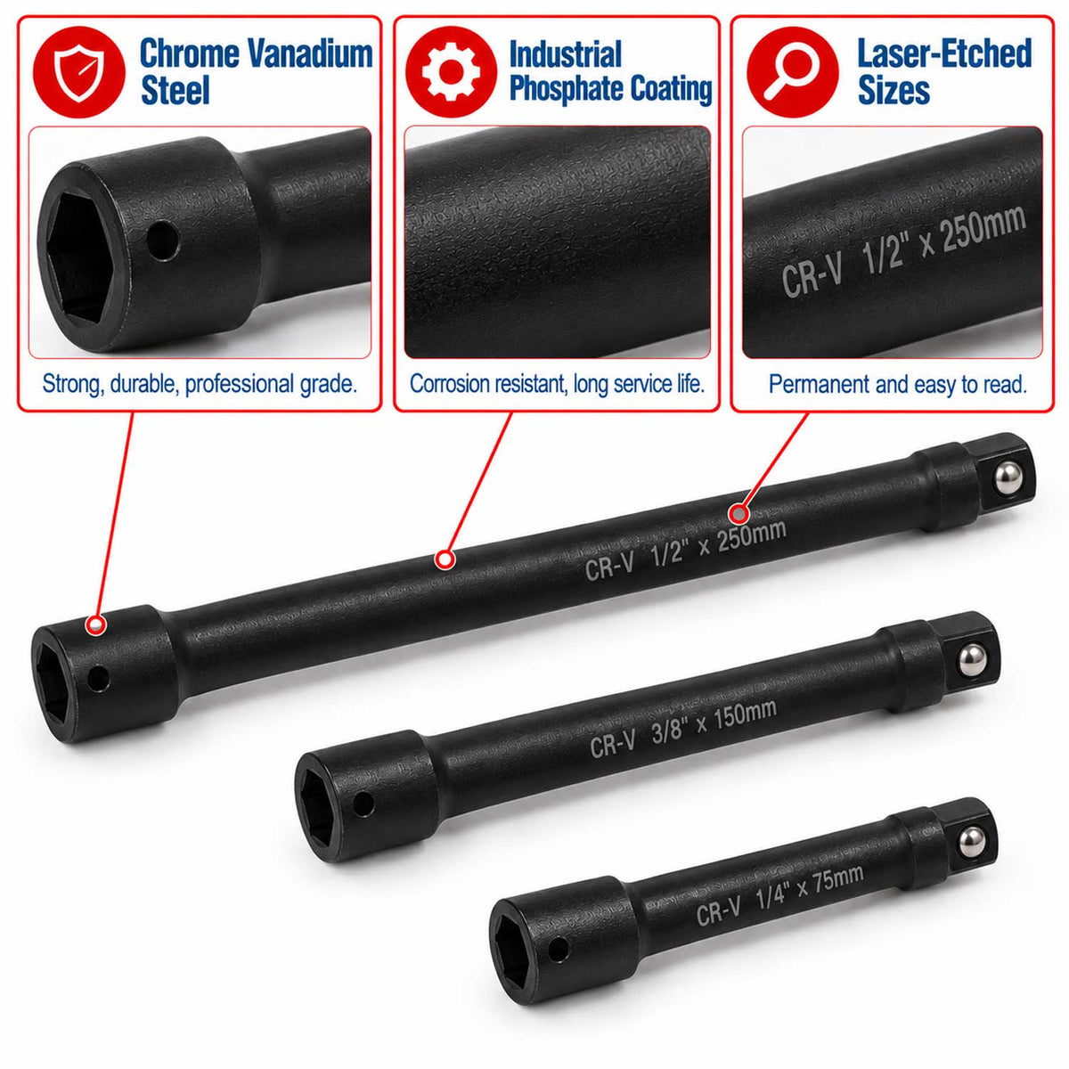 Set prelungitoare de forta 9 piese 1/4 3/8 1/2 GEBO TOOLS