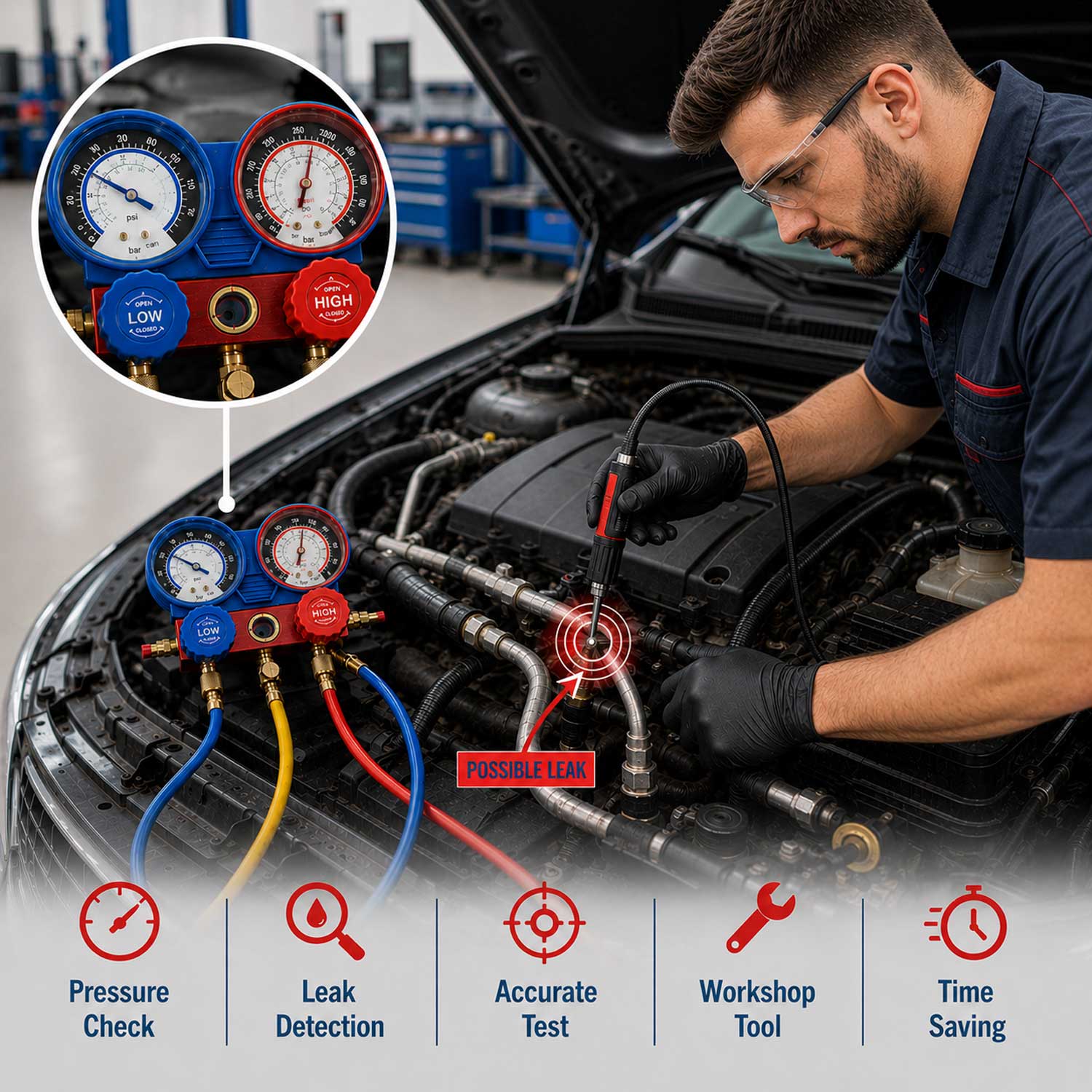 Trusa verificare presiune aer conditionat si incarcare umplere diagnosticare instalatii aer conditionat GEBO TOOLS