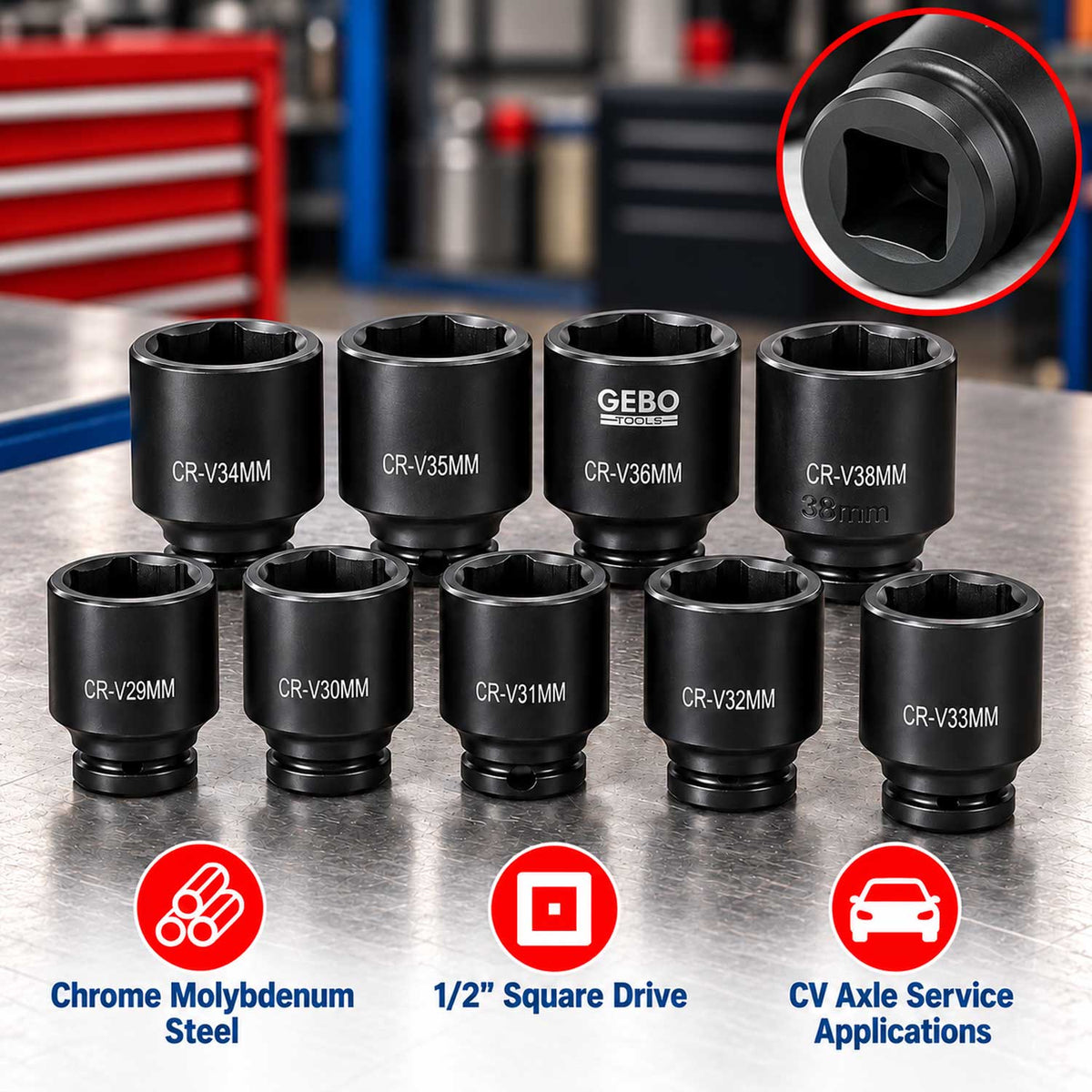 Set tubulare de impact 1/2 pentru planetare 9 piese 29-38mm GEBO TOOLS