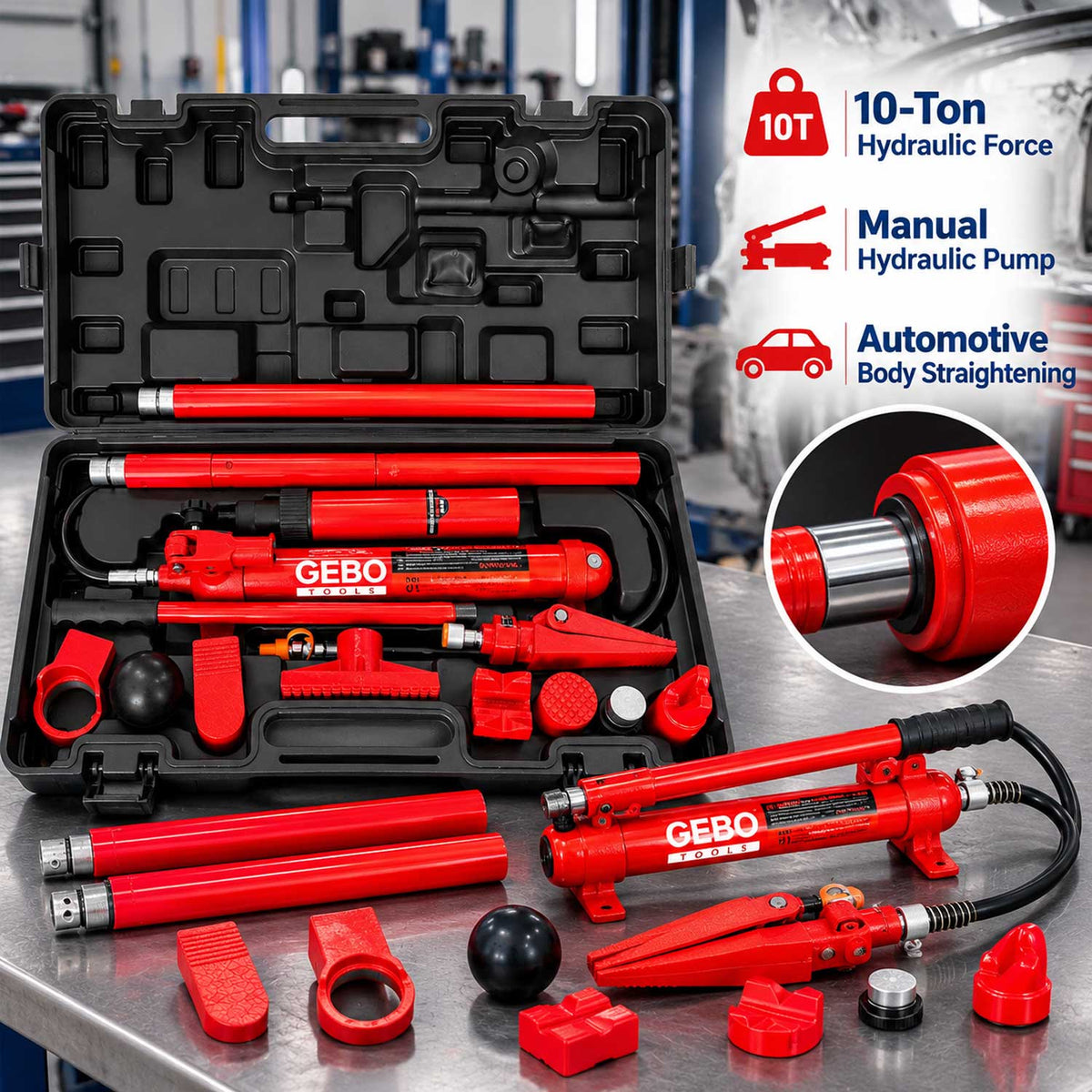 Presa hidraulica indreptat caroserii auto 10T, 15 piese, GEBO TOOLS
