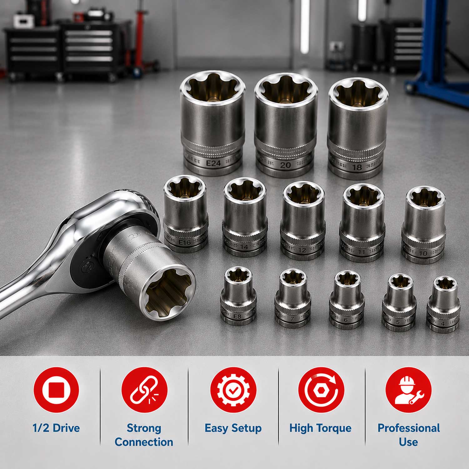 Set tubulare profil e e4-e24 1/4 3/8 1/2 14 piese GEBO TOOLS