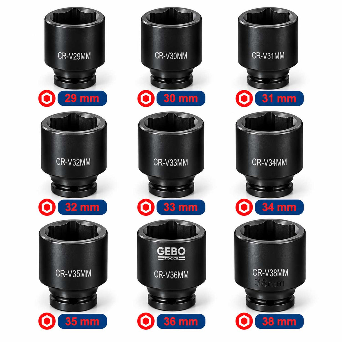 Set tubulare de impact 1/2 pentru planetare 9 piese 29-38mm GEBO TOOLS