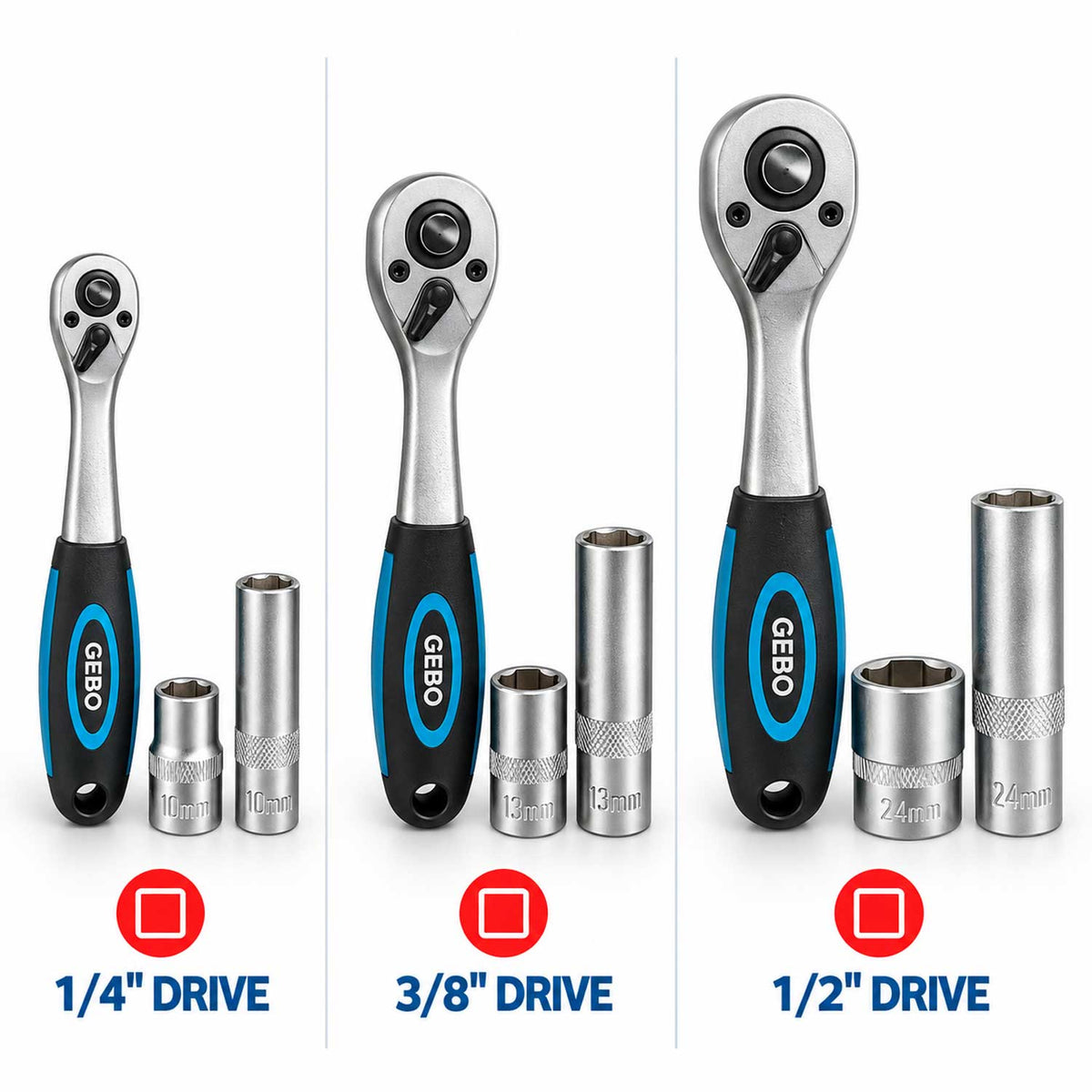 Trusa profesionala GEBO TOOLS 81 piese – modul dulap cu chei tubulare lungi si scurte, biti, prelungitoare, adaptoare si clicheti 1/2”, 3/8”, 1/4” cr-v
