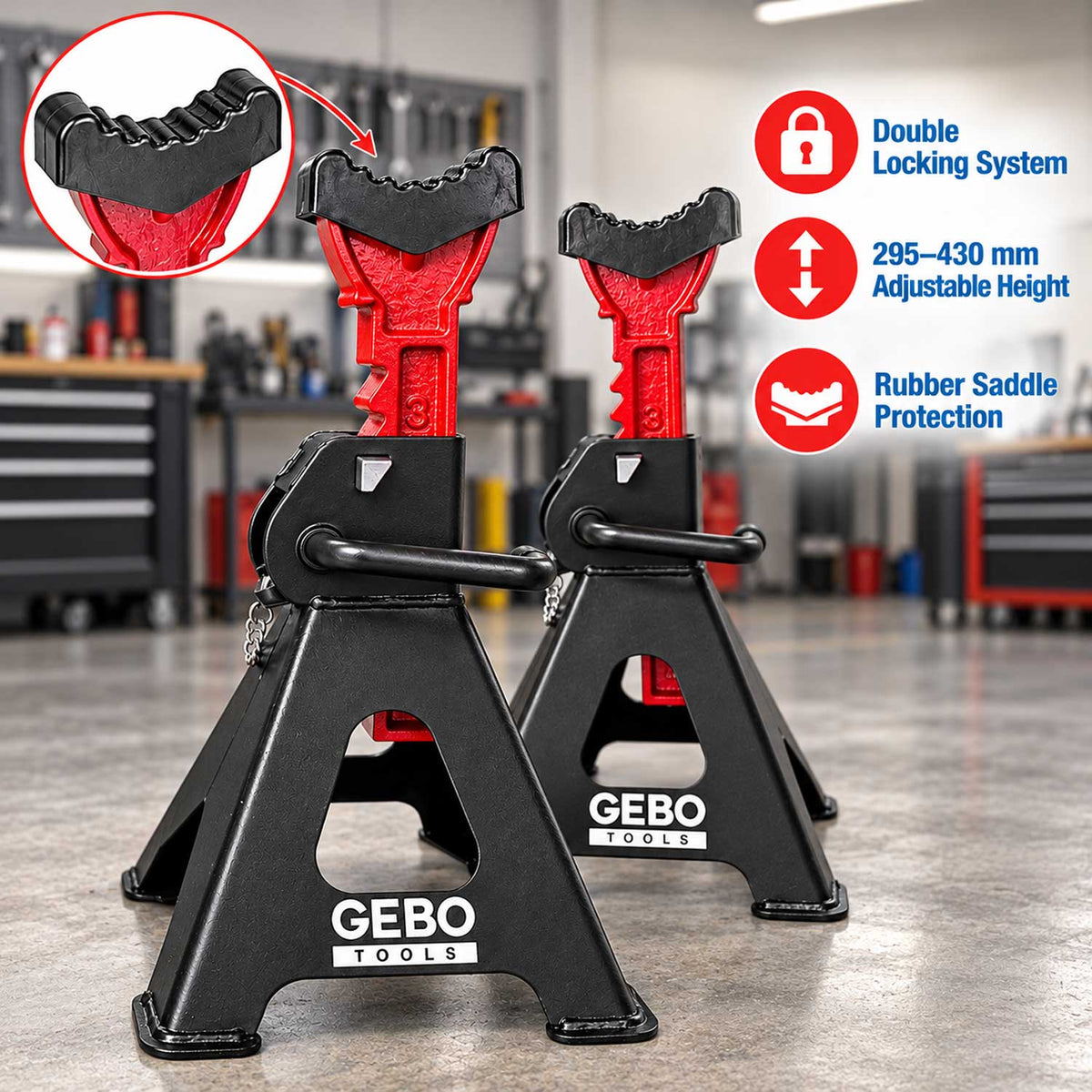 Set 2 capre 3T 29.5-43cm sustinere auto cu siguranta blocare dubla si tampon de cauciuc pentru protectie prag auto GEBO TOOLS