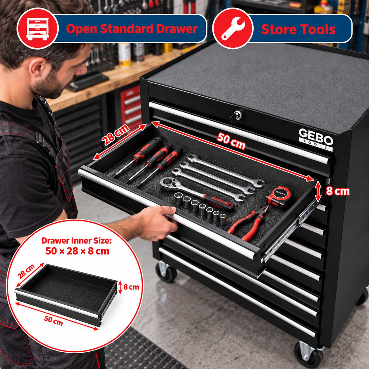 Dulap metalic neechipat pentru scule, cu 7 sertare, negru, cu roti 78 x 62 x 33 cm GEBO TOOLS