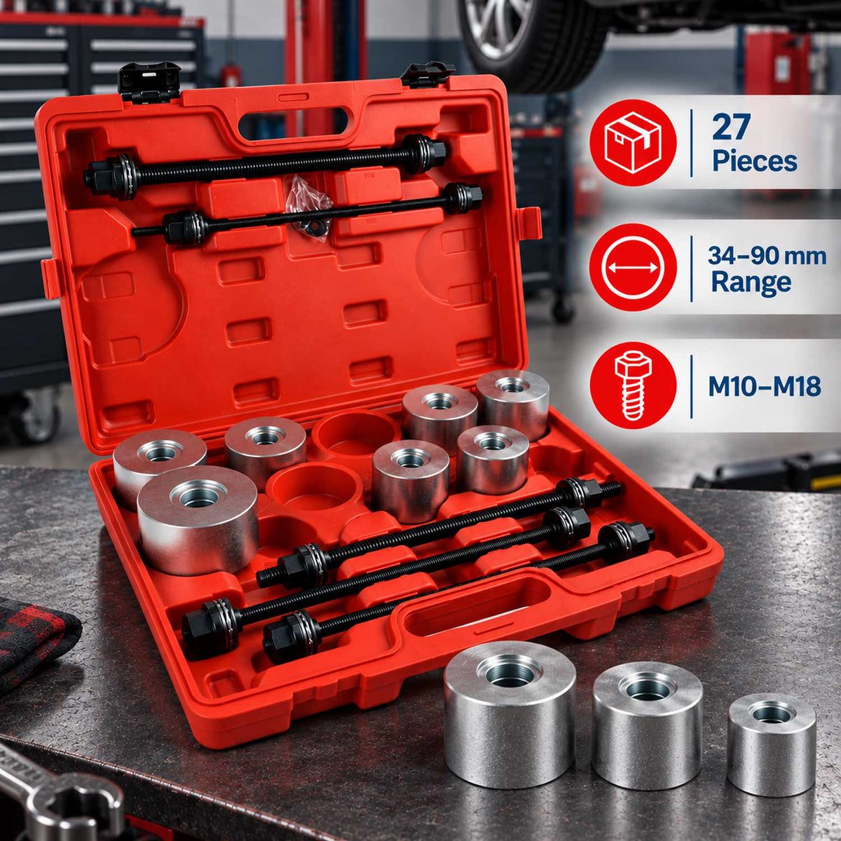 Trusa prese extras si montat bucsi si rulmenti suspensie,  SILENT BLOCK 34-90mm 27 piese GEBO TOOLS