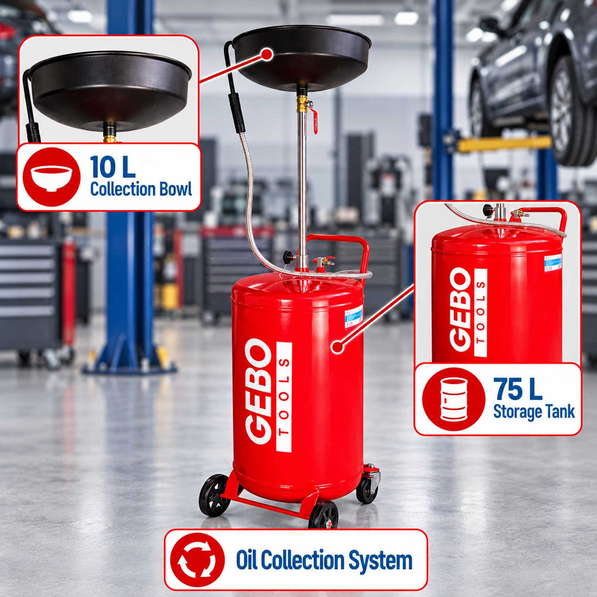 Recuperator ulei uzat pneumatic GEBO TOOLS 75l cu vas colector 10l, golire 6-8 bar, tija reglabila