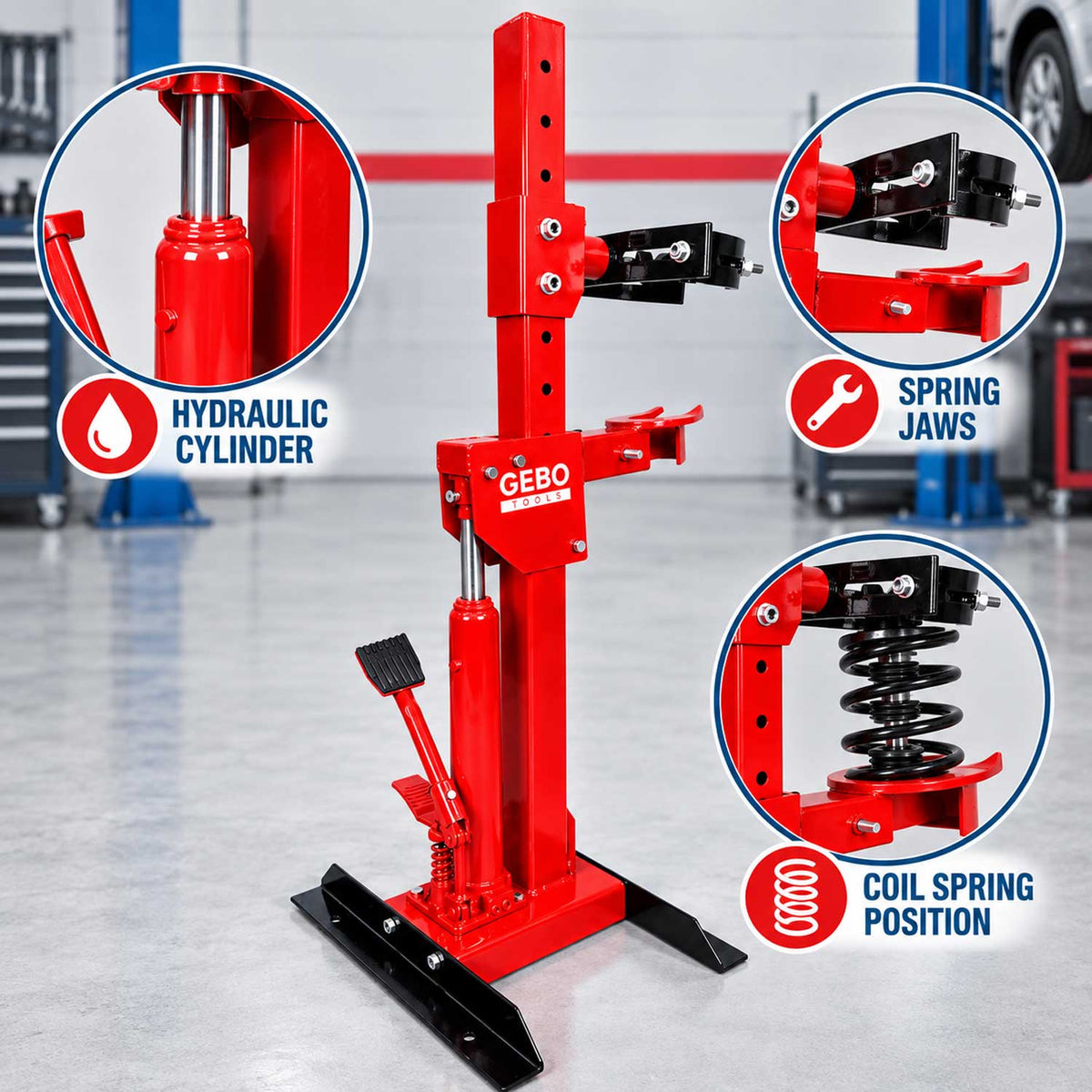 Presa arcuri hidraulica 1T tip stand pentru montare demontare arcuri amortizoare flanse telescoape GEBO TOOLS
