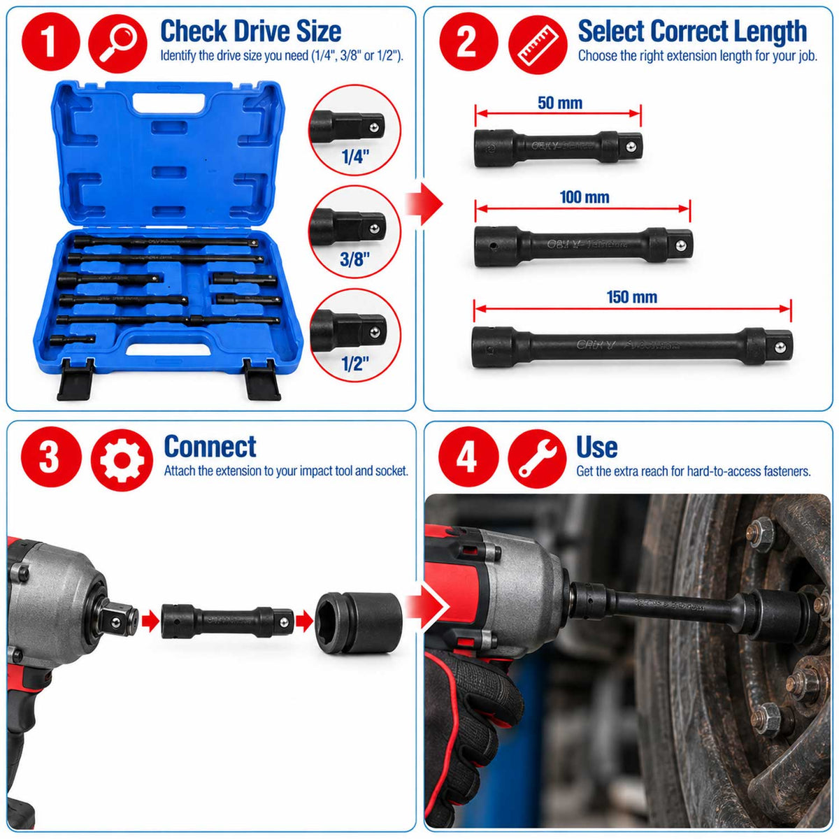 Set prelungitoare de forta 9 piese 1/4 3/8 1/2 GEBO TOOLS