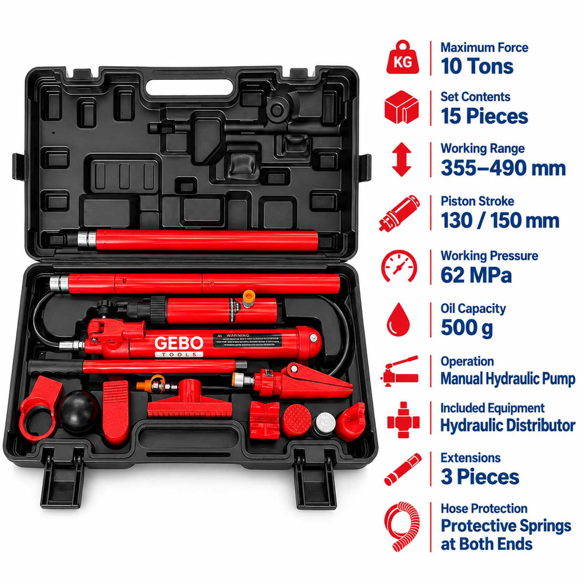 Presa hidraulica indreptat caroserii auto 10T, 15 piese, GEBO TOOLS