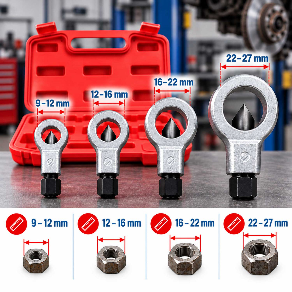 Set dispozitive pentru taiat spart piulite si suruburi blocate 9-27mm 4 piese GEBO TOOLS